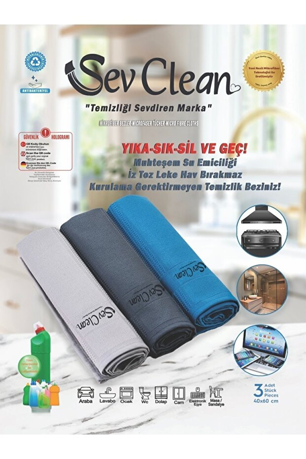 SEVCLEAN 3LÜ Mikrofiber Temizlik Bezi 40x60cm