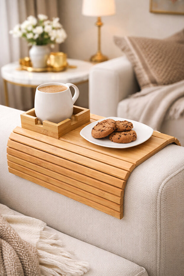 Bambu Koltuk Tepsisi Yan Sehpa – Orta Sabit Kolçak Üstü Amerikan Servis