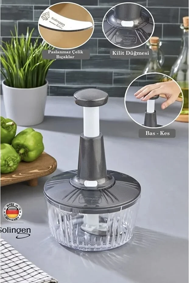 Solingen El Rondosu 1500 ML Paslanmaz Çelik 3 Bıçaklı Doğrayıcı -Gri