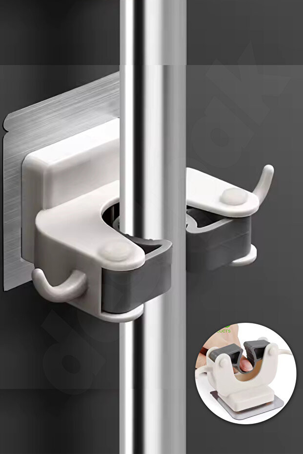 Mop Tutucu - Çok Amaçlı Sap, Fırça ve Mop Tutucu - Kancalı - Vidasız Duvar Aparatlı