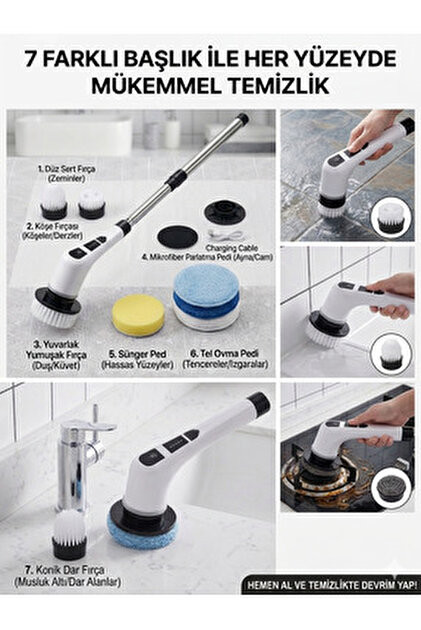 Şarjlı Döner Başlıklı Temizlik Fırçası 9 Başlıklı