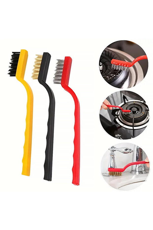 3'lü Tel Fırça Seti Pas Sökücü Çelik Pirinç Naylon Metal Temizlik Fırçası Pas Sökme Multi İnce Fırça